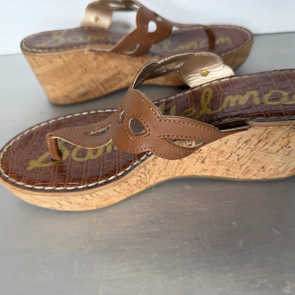Sam Edelman Ralphie Wedge Sandals Womens 9.5 Brown Leather Cork Thong